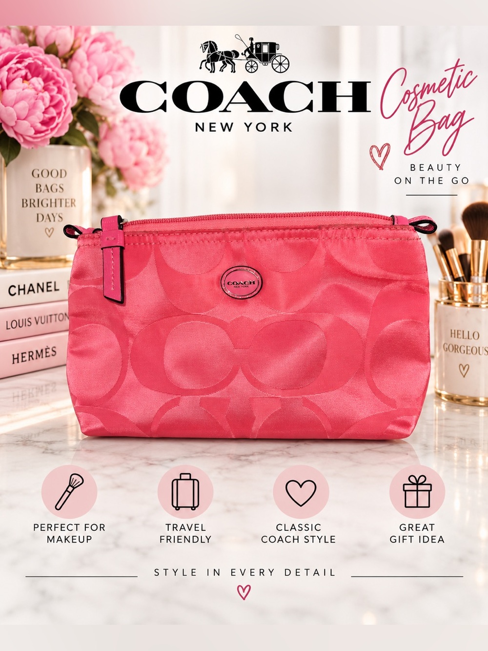 COACH Pink Signature Cosmetic Bag - Travel Makeup Pouch